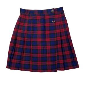 Vintage 90s Plaid Pleated Wrap Schoolgirl Skirt Red Blue Womens 7